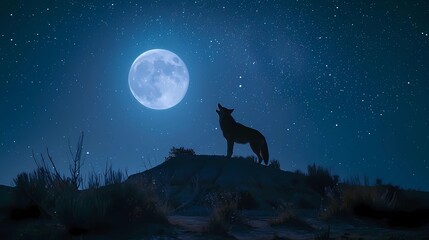 The silhouette of an adult coyote standing on top of a hill howling howling at the full moon, Generative AI illustrations.