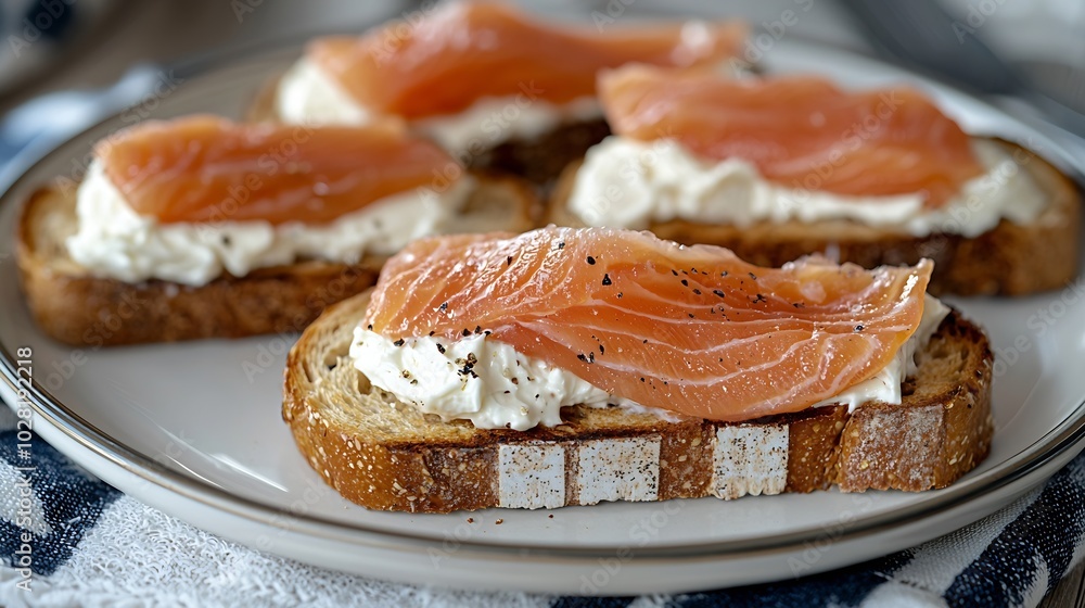 Poster Sandwich toast with smoked salmon and cream cheese on white plate with Scottish flag Grey background Top view : Generative AI