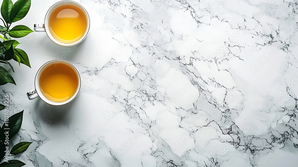 Poster tea in mugs with teapot on marble background copy space : generative ai