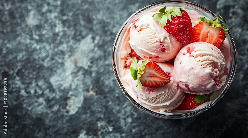 Aufkleber strawberry ice cream in a glass bowl on grey background close up copy space : generative ai