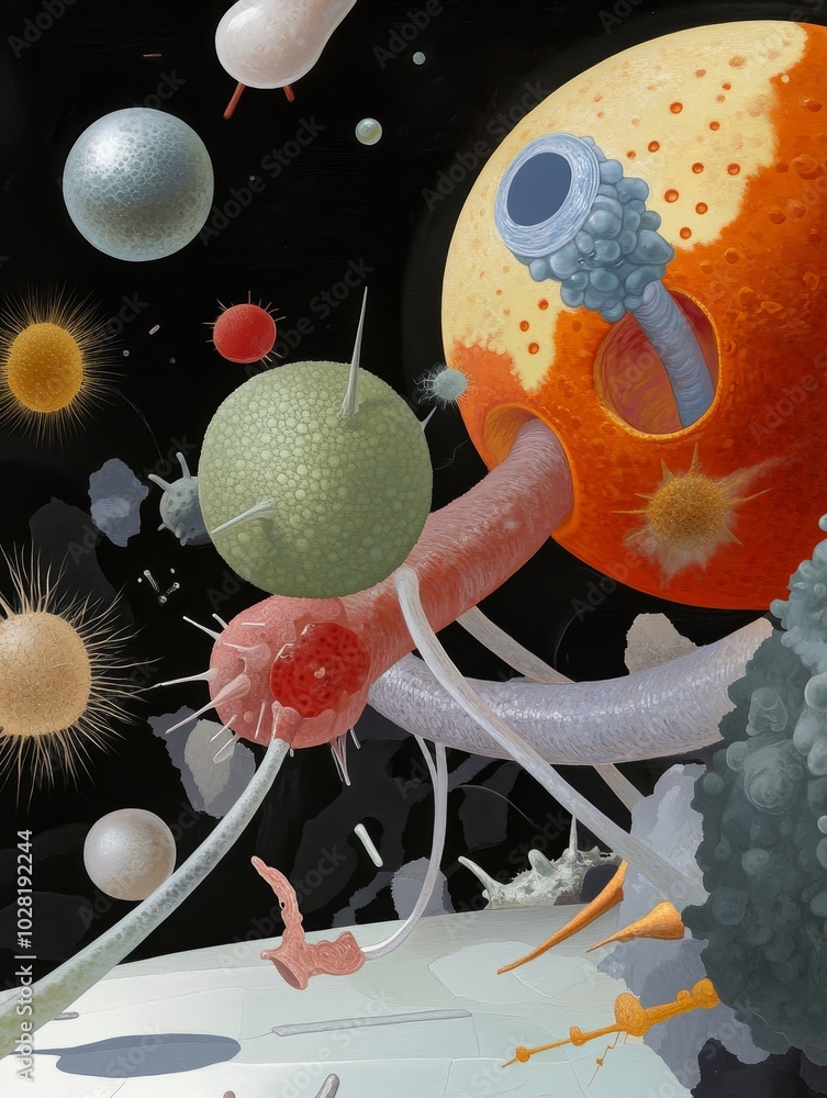 Poster a vibrant and abstract depiction of a host organism, its surface teeming with microscopic life forms