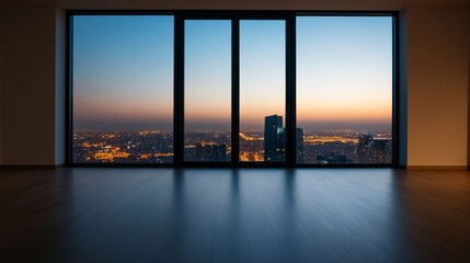 Modern interior with large windows showcasing a city skyline at sunset.