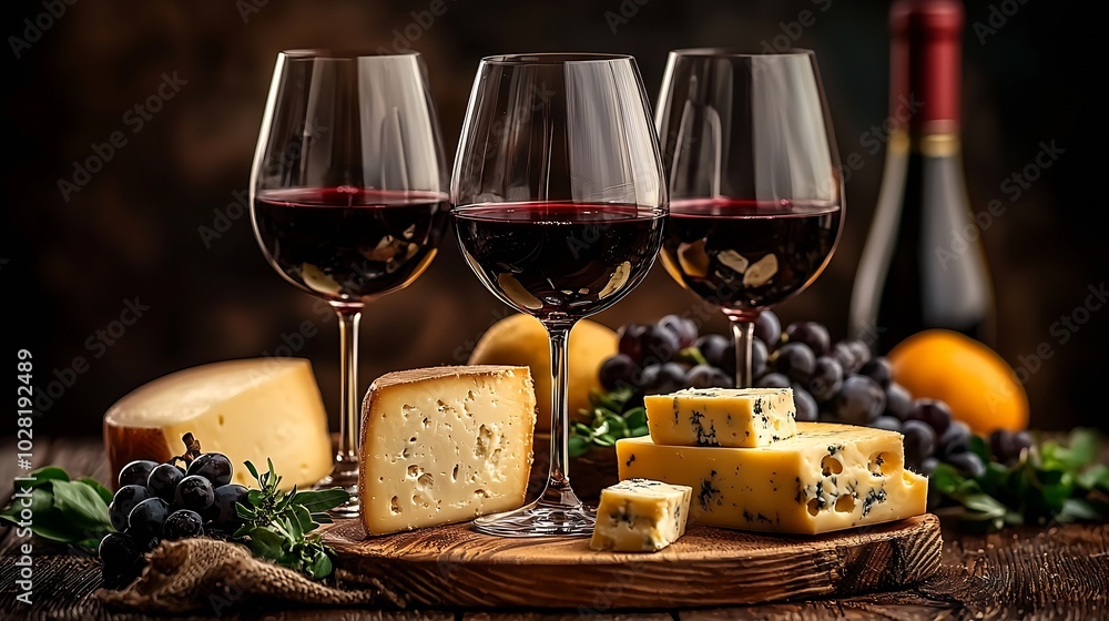 Poster cheese assortment with red wine in glasses stone and wood background copy space : generative ai