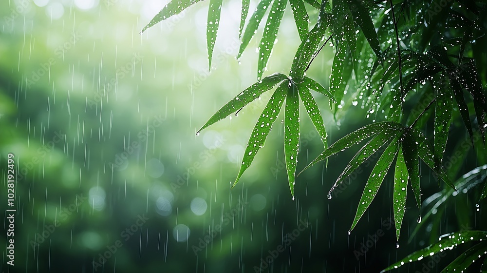 Aufkleber bamboo leaves with rain drops blurred background copy space : generative ai