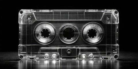 Fototapeta premium Vintage Cassette Tape Loop Animation - Double Exposure Photography, 3D Image, Retro Aesthetic, No Color, Music Nostalgia, Creative Design, Artistic Visuals, Unique Concept, Timeless Appeal