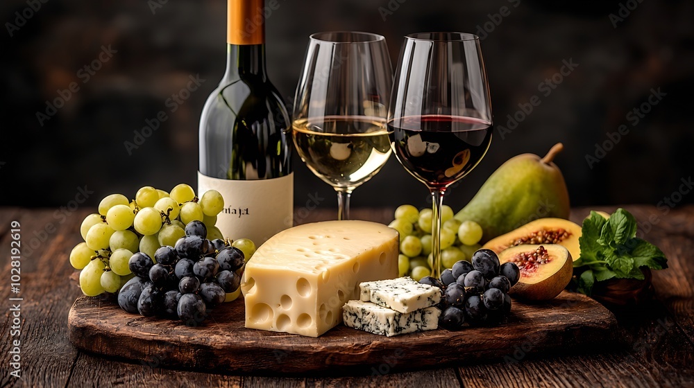 Poster cheese and fruits assortment on cutting board with red white wine on wooden background copy space : 
