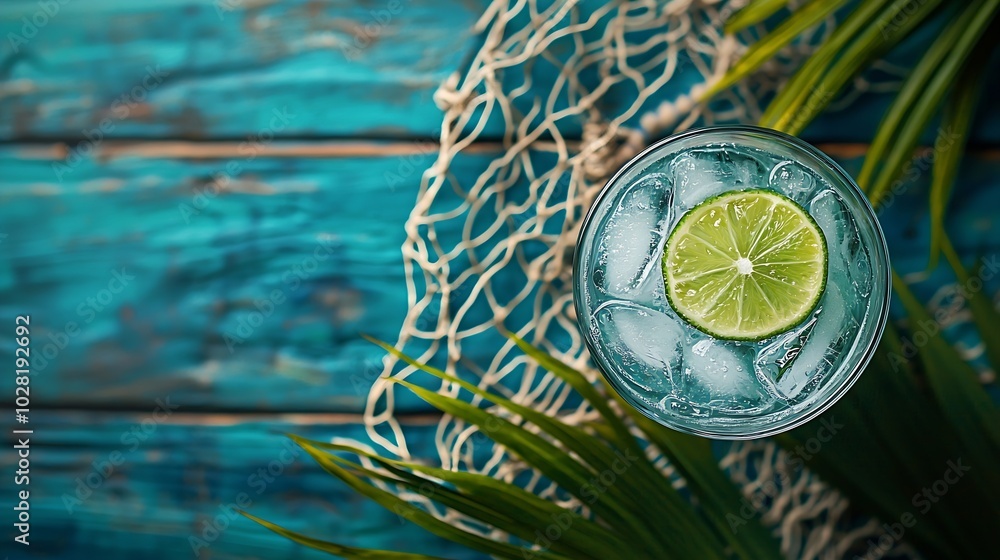 Aufkleber Gin tonic in glass with ice and lime slice on a wooden background with fishing net and palm leaves Selective focus : Generative AI