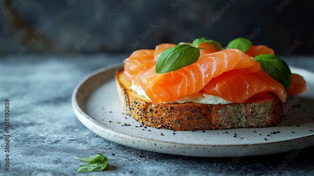 Poster sandwich toast with smoked salmon and cream cheese on white plate marble background copy space top v