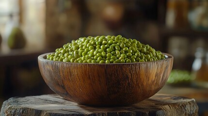 Mung bean green moong dal in wooden bowl Copy space Wooden background : Generative AI