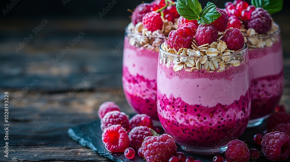 Poster Smoothie dessert with raspberry and oatmeal in glasses decorated with fresh redcurrant branch on a wooden background : Generative AI