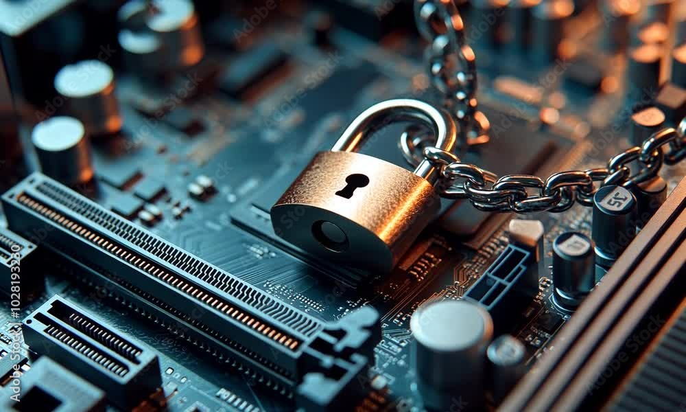 Poster a padlock on a circuit board symbolizes digital security and data protection.