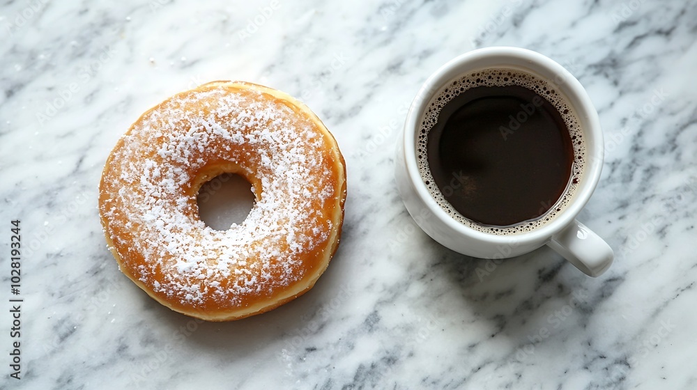 Poster Coffee with donut on marble table background Top view : Generative AI