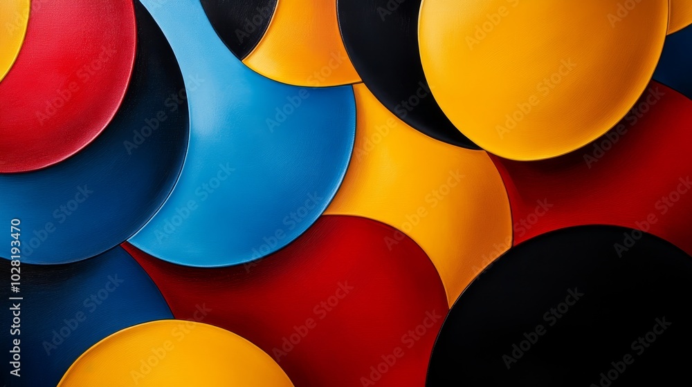 Poster abstract overlapping shapes and colors symbolizing unity, diversity, harmony, creativity, and dynami