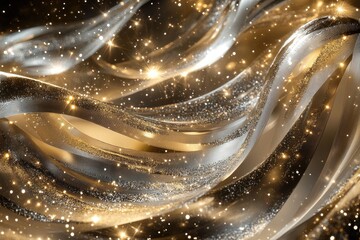 A stunning blend of shimmering ribbons and sparkling lights in a golden hue, perfect for elegant backgrounds and festive designs.