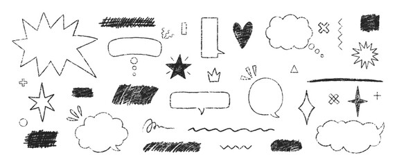 Set of hand drawn grunge crayon, charcoal, chalk speech bubbles, star and hearts. Outline text boxes with emphasis. Japan handwritten illustration on a white background.