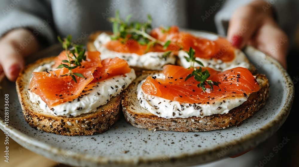 Poster Sandwich toast with smoked salmon and cream cheese on plate Grey background Copy space Top view : Generative AI