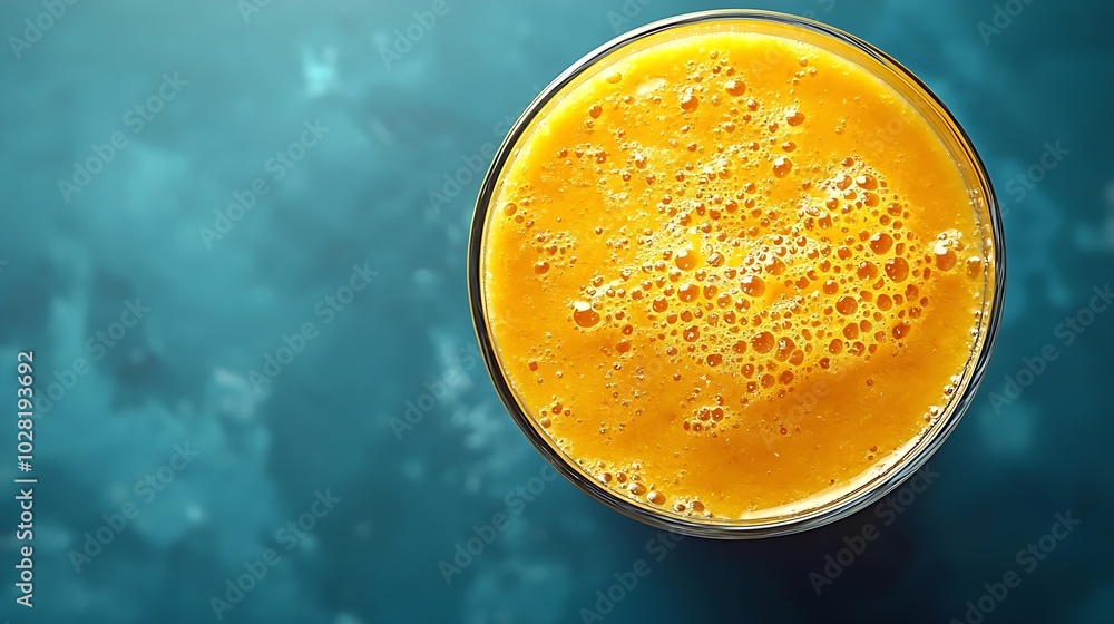 Poster Mango juice smoothie on blue background Copy space Top view : Generative AI