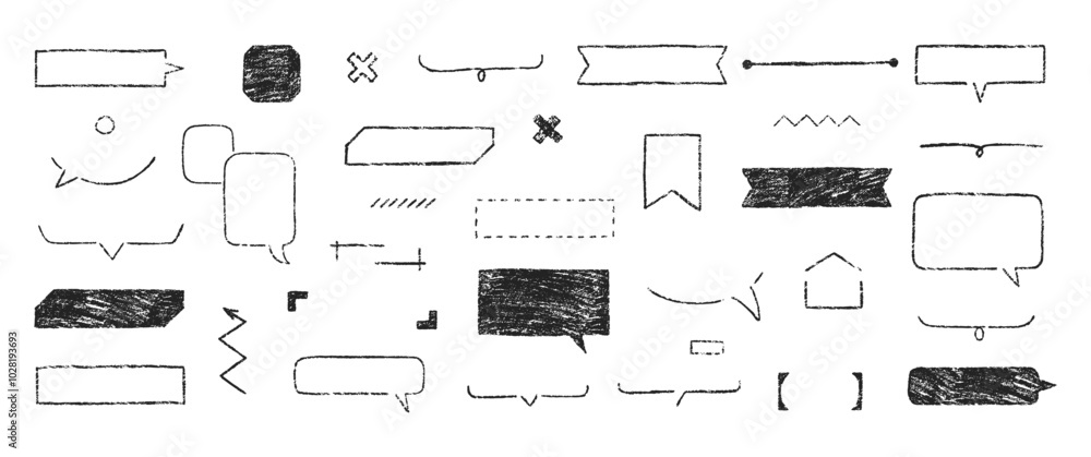Poster set of text boxes and speech bubbles with crayon or chalk texture. outline frames and arrows. japan 