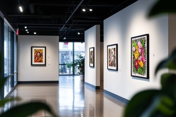 An art gallery hallway showcasing framed portraits and floral artwork. The gallery features white walls, modern lighting, and a contemporary aesthetic.