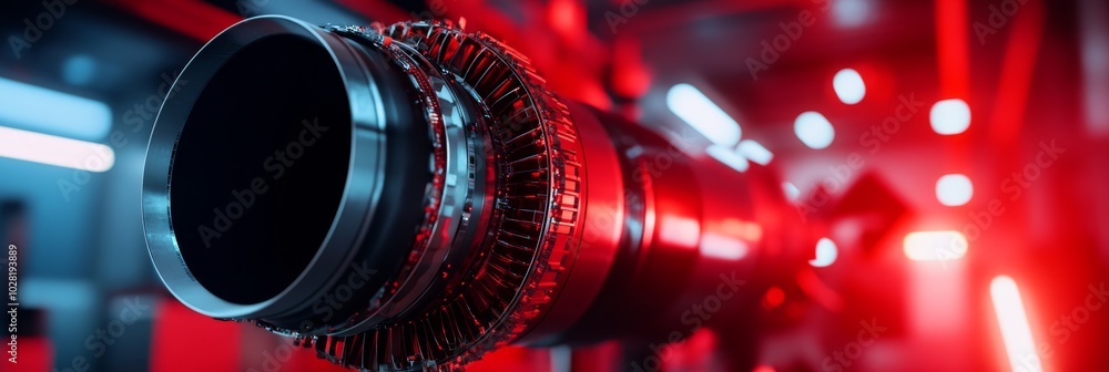 Poster close-up of a jet engine assembly in a factory, showcasing intricate details and highlighting the pr