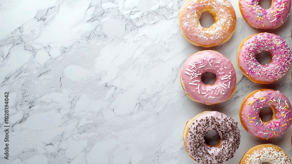 Poster Assortment of donuts on marble table background Close up Top view : Generative AI
