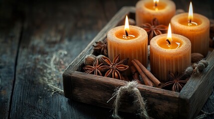 Handmade candles with spices in wooden tray White wooden background Copy space : Generative AI