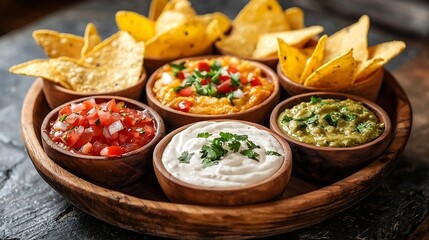 Nachos chips with dip variety on a wooden plate Grey stone background : Generative AI
