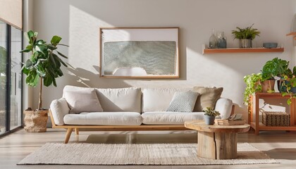 Elegant and comfortable designed beige living room with a big sofa