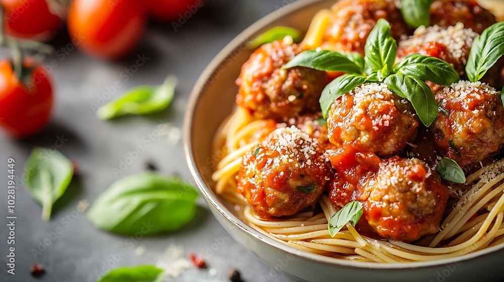 Poster meatballs in tomato sauce and fresh basil with spaghetti on a white background top view : generative