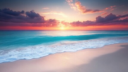 Obraz premium A serene coastal scene with turquoise waters, white sandy beach, and a vibrant sunrise casting soft colors across the sky, perfect for travel and nature