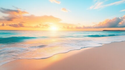 Obraz premium A serene coastal scene with turquoise waters, white sandy beach, and a vibrant sunrise casting soft colors across the sky, perfect for travel and nature