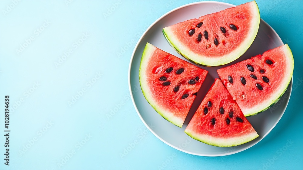 Poster watermelon slices on a white plate blue background top view copy space : generative ai