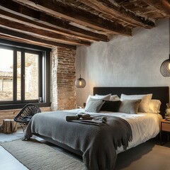 Industrial-style bedroom with exposed beams