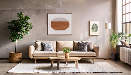 Elegant and comfortable designed beige living room with a big sofa