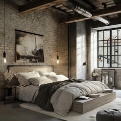 Industrial-style bedroom with exposed beams
