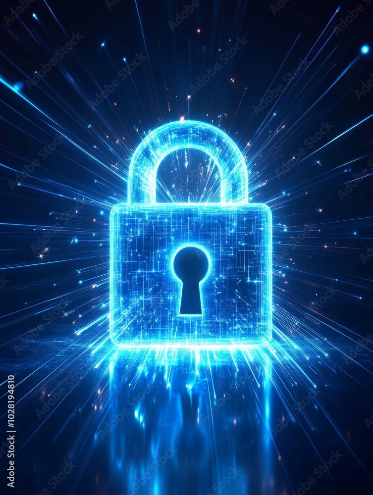 Poster glowing digital padlock icon with network data lines symbolizes cybersecurity, data protection, digi