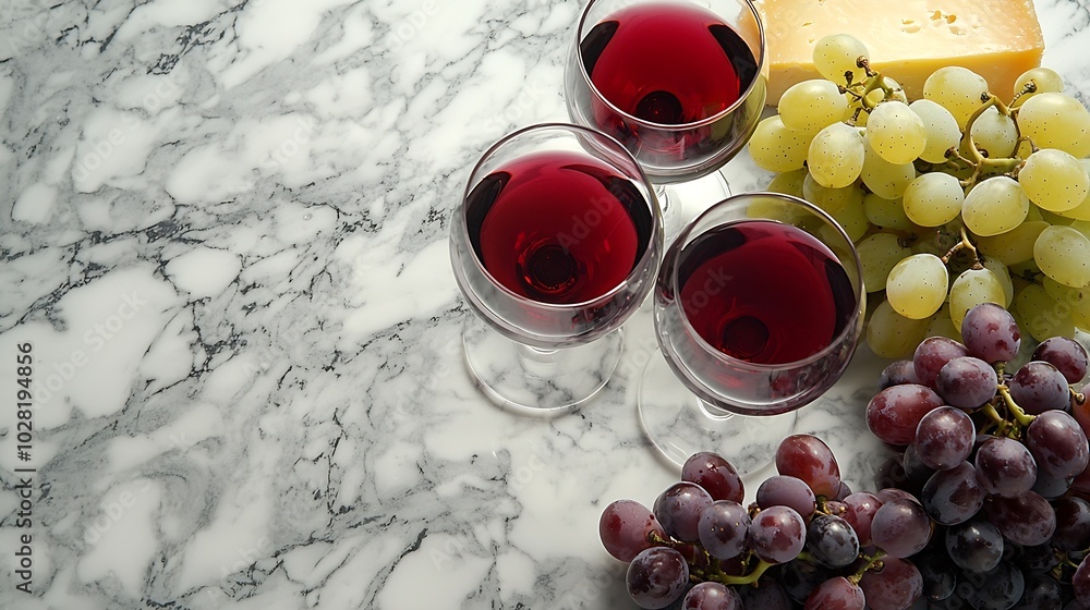 Poster Assortment of cheese grapes with red and white wine in glasses Marble background Top view Copy space : Generative AI