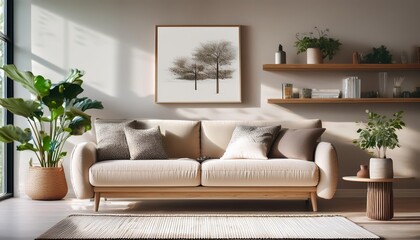 Elegant and comfortable designed beige living room with a big sofa