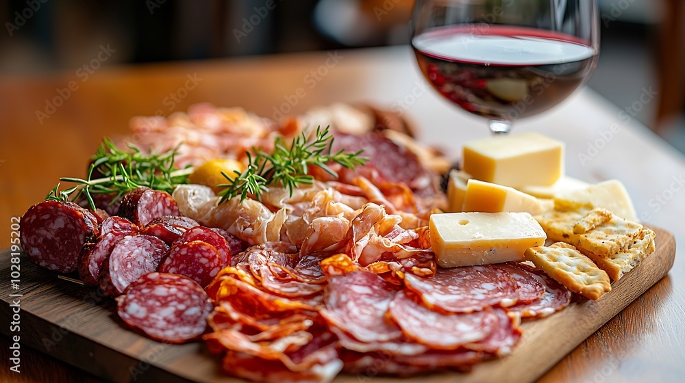 Poster cheese and meat appetizers on cutting board with red wine on wooden background close up : generative
