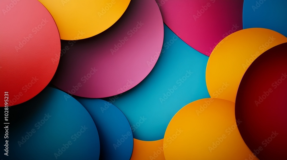 Poster overlapping circles of color and abstract shapes representing unity, diversity, creativity, and mode