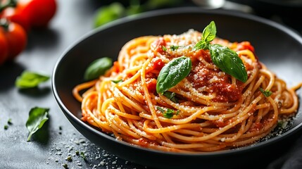 Pasta spaghetti with tomato sauce in black bowl Grey stone background Top view Close up : Generative AI