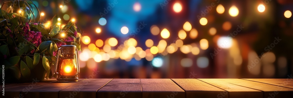 Poster romantic evening bokeh scene with lanterns and a wooden table, perfect for showcasing products or cr
