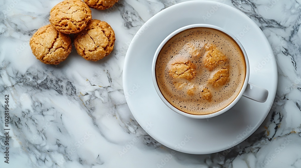 Poster cup of black coffee with amaretti cookies on marble table top view : generative ai