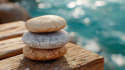 Stack of pebble stones at the beach on a wooden surface : Generative AI