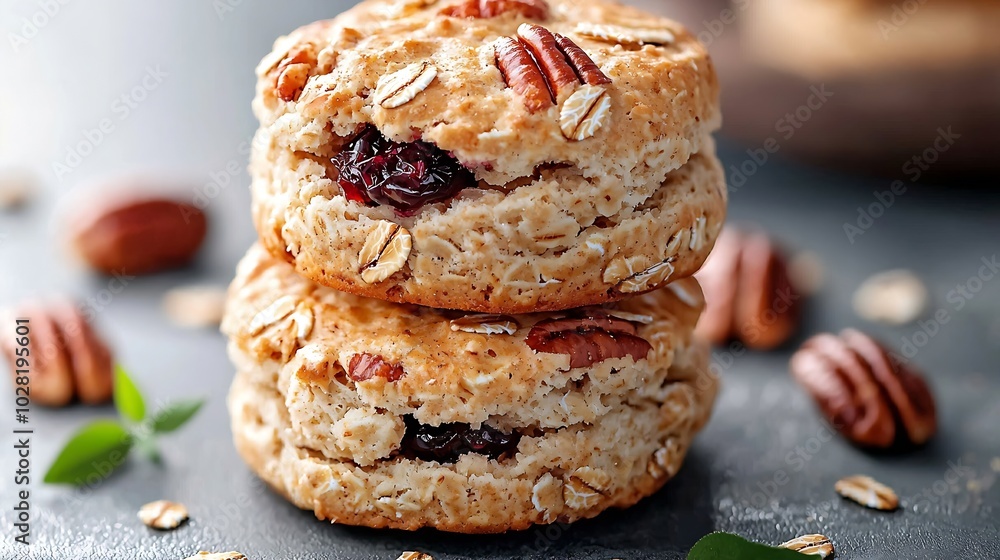 Poster scones with oats cranberry and pecan nuts copy space : generative ai