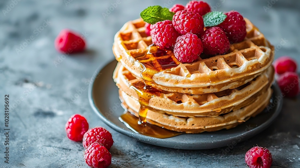 Poster Belgian waffles with maple syrup and fresh raspberry Grey background : Generative AI