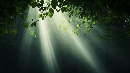 Sunlight beams through the canopy of a lush green forest, creating a magical and serene atmosphere. The image symbolizes nature's beauty, tranquility, hope, and renewal.