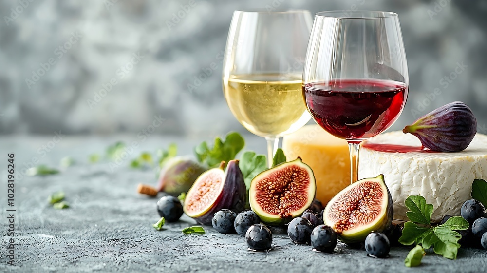 Aufkleber grape cheese figs and honey with a glasses of red and white wine copy space : generative ai