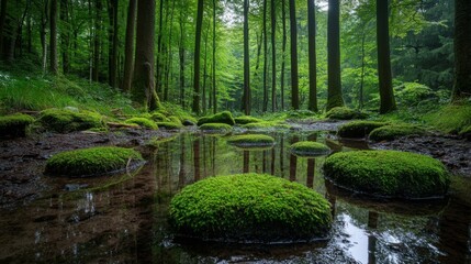 Obraz premium Mossy Rocks Reflecting in a Forest Stream