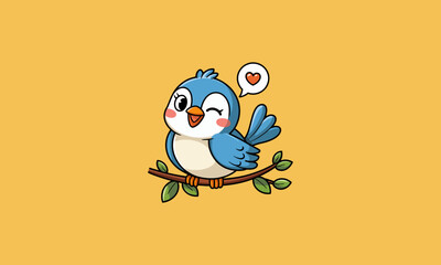 Obraz premium Cute blue bird winking on a branch with a heart bubble.